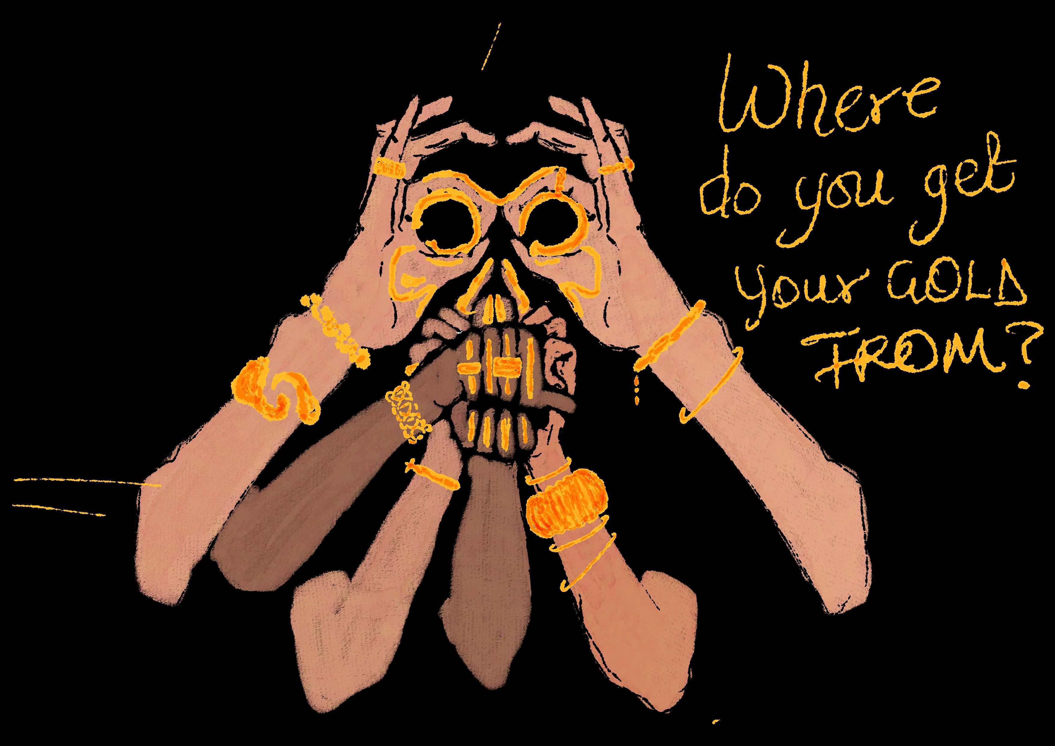 Illustration of many arms wearing gold jewellery arranged to form the shape of a skull.
